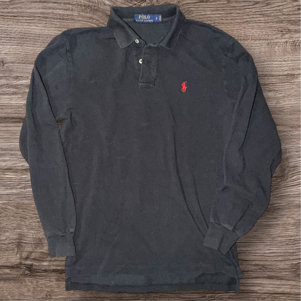 Polo Ralph Lauren Mens Small Black Long Sleeve Polo Shirt Red Pony Logo Cotton
